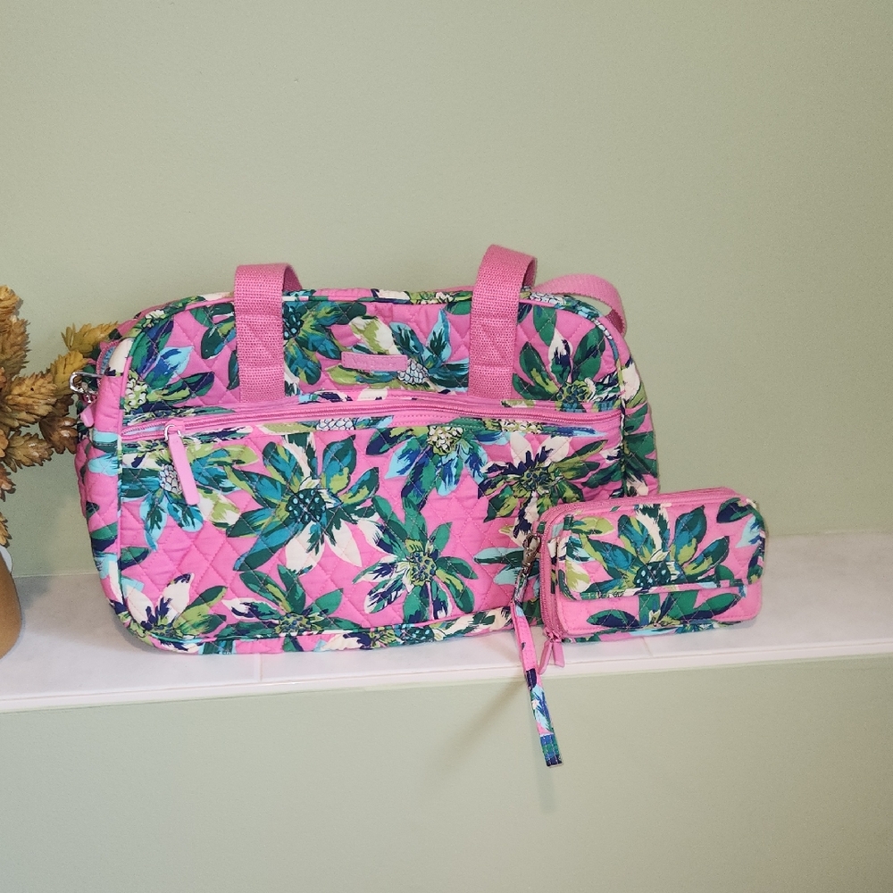 Vera Bradley Pink and Green Floral Travel Bag Set